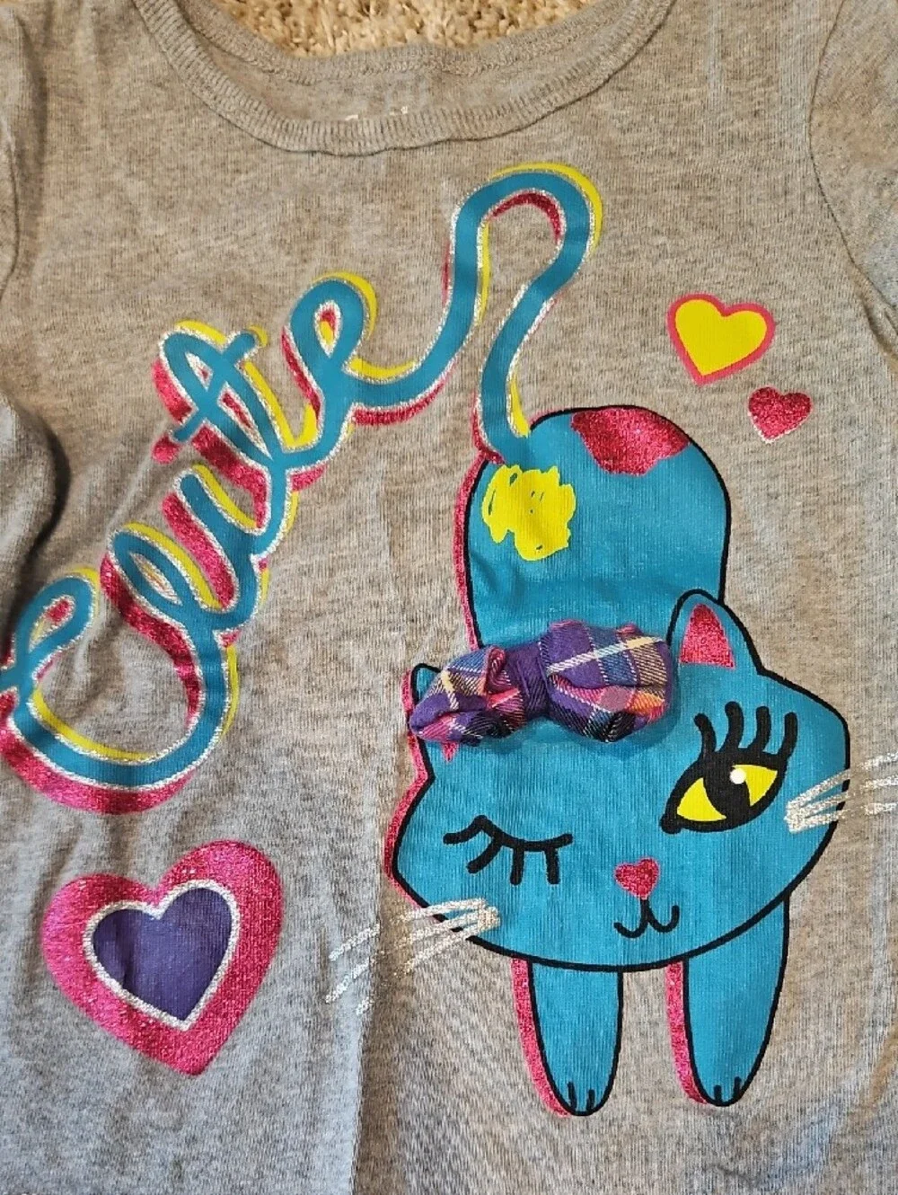 Girls' Gray & Yellow 'Cute' Cat Long-Sleeve Top